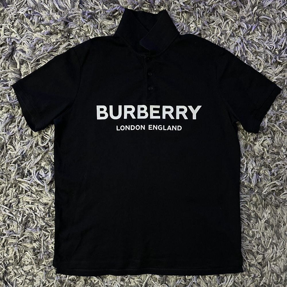 Large Burberry London England Polo Shirt Logo-Printed Black Overszied